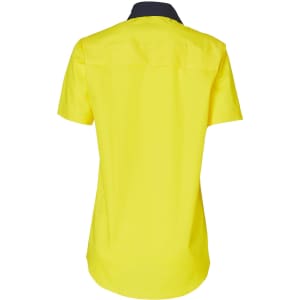 A bright yellow short-sleeved safety shirt with a navy collar, featuring a logo on the back.