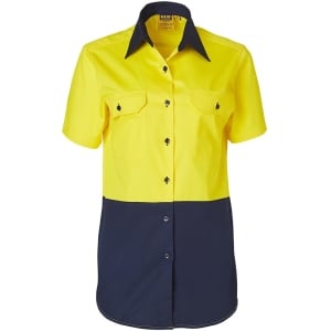 A short-sleeved safety shirt in high visibility yellow with a navy blue lower section and two front pockets.