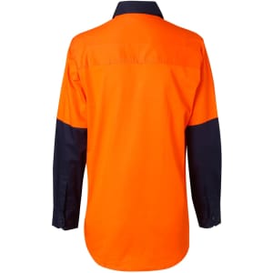 An orange and navy long-sleeve safety shirt featuring a collar and buttoned cuffs, with a logo on the front.