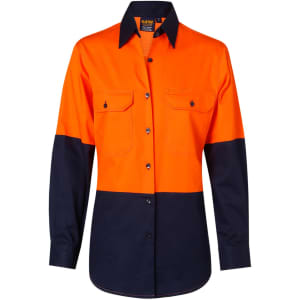 A long-sleeved safety shirt in hi-vis orange and navy, featuring two chest pockets and a logo.