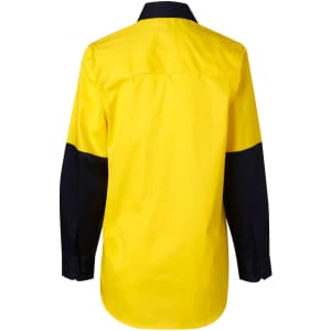 A long-sleeve safety shirt in bright yellow with navy blue sleeves, featuring a logo on the back.