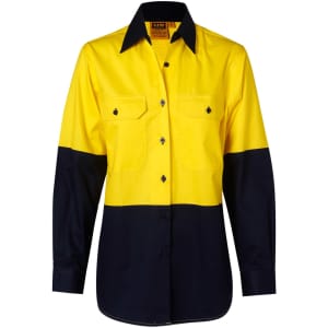A ladies' long-sleeve safety shirt featuring a high-visibility yellow and navy blue design, with pockets and a logo.