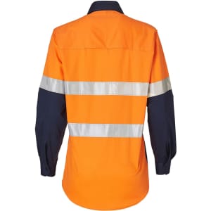 A high-visibility long-sleeve safety shirt in orange and navy, featuring reflective strips and a branded logo.