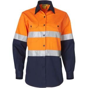 A long-sleeve safety shirt in orange and navy, featuring reflective 3M tape and a logo on the chest.