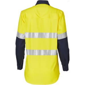 A long-sleeve safety shirt in hi-vis yellow with navy sleeves and reflective 3M tape stripes. Features a logo.