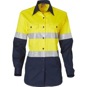 A long-sleeve safety shirt in Hi-Vis yellow and navy blue, featuring 3M reflective tape and two front pockets.
