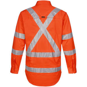 An orange work shirt featuring silver reflective strips in a cross pattern on the back. It includes a logo.