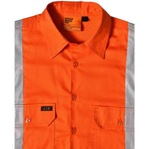 An orange work shirt featuring reflective silver strips and a logo on the front pocket.