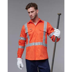 An orange safety shirt featuring silver reflective stripes, long sleeves, and a front button closure.