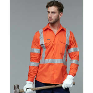 An orange work shirt with reflective silver stripes, featuring a logo, worn by a model holding a hammer.