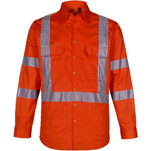 An orange work shirt featuring reflective strips and two front pockets. It has a collar and long sleeves.
