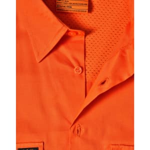 An orange work shirt featuring a collared design, mesh lining, and a logo on the pocket area.