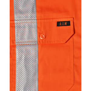 An orange work shirt featuring silver reflective strips and a chest pocket with a logo.