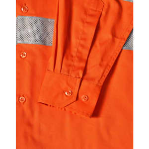 An orange work shirt with reflective stripes and buttons, featuring a long sleeve and a fitted cuff.