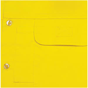 A close-up of a bright yellow, long-sleeve cotton safety shirt featuring snap buttons and a front pocket.