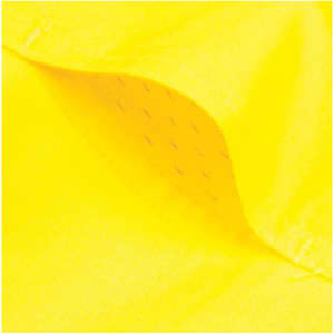 A close-up of vibrant yellow fabric, showcasing a breathable weave, suitable for safety shirts. Features a logo.