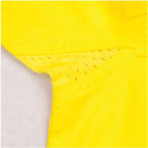 A close-up of a yellow long-sleeve cotton safety shirt featuring a mesh panel for breathability and a logo.