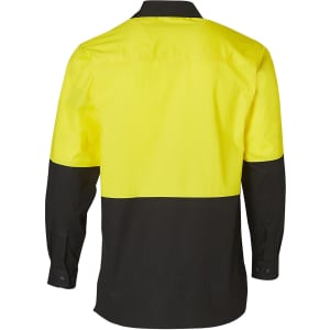 A long-sleeve safety shirt featuring a bright yellow upper section and black lower section, with a logo on it.