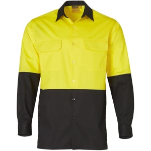A long-sleeved safety shirt in bright yellow and black, featuring two front pockets and a contrasting collar.
