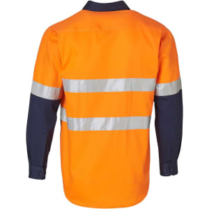 A long-sleeved safety shirt in bright orange with dark blue sleeves and reflective tape. It has a logo on the back.
