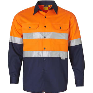 A long-sleeved safety shirt in bright orange and navy blue, featuring reflective strips and a logo.