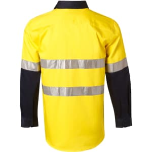 A yellow and navy long-sleeve safety shirt featuring reflective 3M tape stripes and a collar.