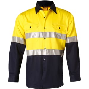 A yellow and navy long-sleeve safety shirt featuring reflective silver stripes and a logo.