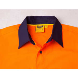 Hi-vis orange long-sleeve shirt with navy collar and 3M reflective tape, featuring branding on the label.