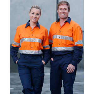 Hi-Vis long sleeve cotton rip-stop shirts in orange with reflective tape, worn by two smiling individuals.
