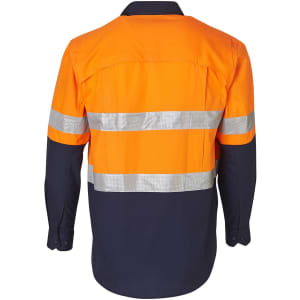 A long-sleeve safety shirt featuring orange and navy colours, with reflective 3M tape stripes and a branded logo.