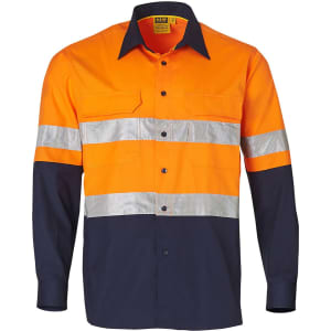 A long-sleeved safety shirt in orange and navy with 3M reflective tape and two chest pockets, featuring a logo.