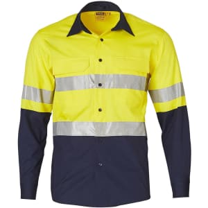 A long-sleeved safety shirt in bright yellow with navy blue accents and reflective tape. Features buttons and pockets.