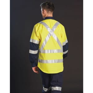 A two-tone work shirt featuring reflective tape, primarily in yellow with navy blue sleeves.
