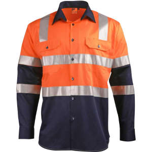 A two-tone safety shirt in orange and navy, featuring reflective tape and two front pockets. Includes a logo.
