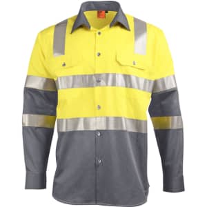 A two-tone safety shirt featuring bright yellow and grey colours with reflective tape and a collar. It has two front pockets.