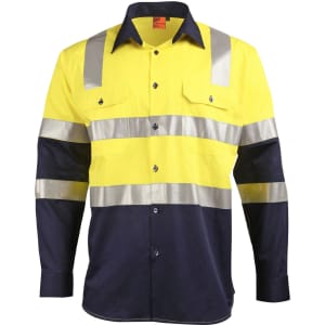 A two-tone safety shirt in bright yellow and navy blue with reflective tape and a logo. Features long sleeves and pockets.