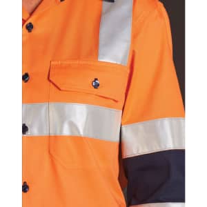 An orange work shirt with reflective silver stripes, featuring a pocket and black sleeves. It includes a logo.