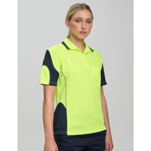 A bright yellow polo shirt with navy accents and a logo, designed for workwear safety.