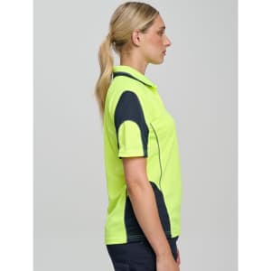A Hi-Vis mini waffle safety polo in bright yellow with navy accents, featuring a logo on the chest.