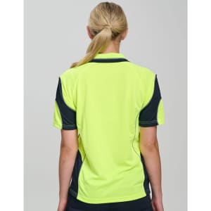 A hi-vis yellow polo shirt with navy accents, featuring a logo, shown from the back.