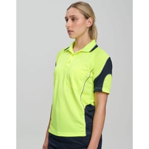A high-visibility yellow polo shirt with navy accents, featuring a logo on the chest and a collar.