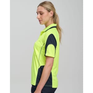 A high-visibility polo shirt in bright yellow with navy accents, featuring a logo on the chest.