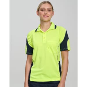 A bright yellow and navy polo shirt with a collar and short sleeves, featuring a pocket and logo.