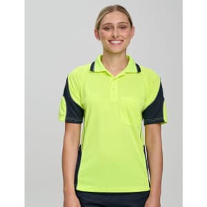 A bright yellow and navy blue polo shirt with short sleeves and a front pocket, featuring a logo.
