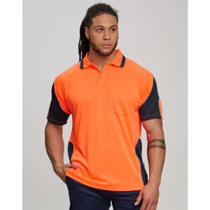 A bright orange safety polo shirt with navy accents, featuring a pocket and logo. Ideal for workwear.