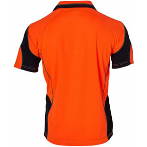 A Hi-Vis safety polo shirt in orange with black accents and a logo on the back. Designed for workwear use.