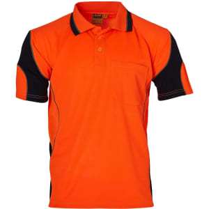 An orange and black polo shirt featuring a pocket and contrasting paneling, with a logo on the label.