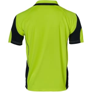 A Hi-Vis polo shirt in bright green with navy accents, featuring a logo on the back.