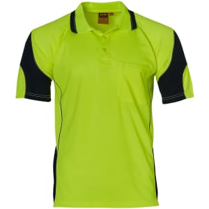 A high-visibility mini waffle safety polo shirt in bright yellow with black accents and a chest pocket.
