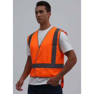 An orange high-visibility safety vest with grey reflective stripes, featuring a loose design and a tail at the back.
